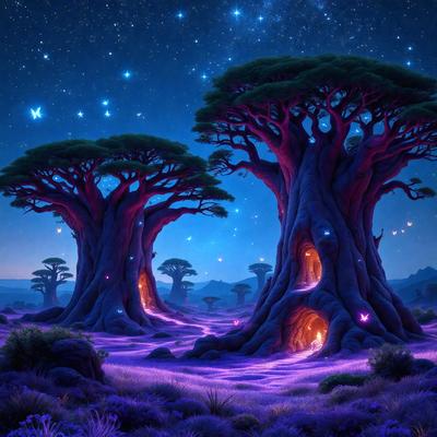 The primary subject of the image is a purple forest with two large trees, one on the left and one on the right. The setting is a nighttime scene with a starry sky in the background. The visual style is a digital art or illustration, creating a surreal and dreamy atmosphere. The colors and mood are predominantly purple, giving the scene a mystical and enchanting feel.